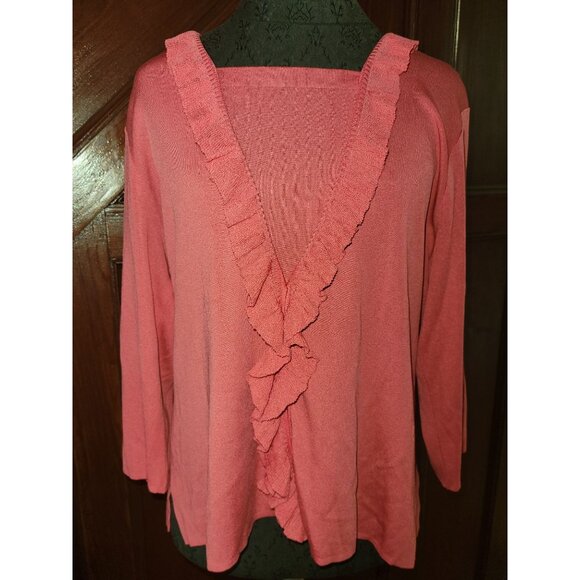 Exclusively Misook Womens Ruffled Open Cardigan Sweater Pink L - Picture 1 of 5